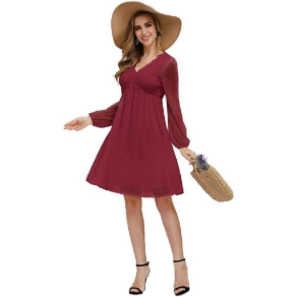 JASAMBAC Women's LS Swiss Dot Dark Red Dress Small NWOT - Picture 1 of 5